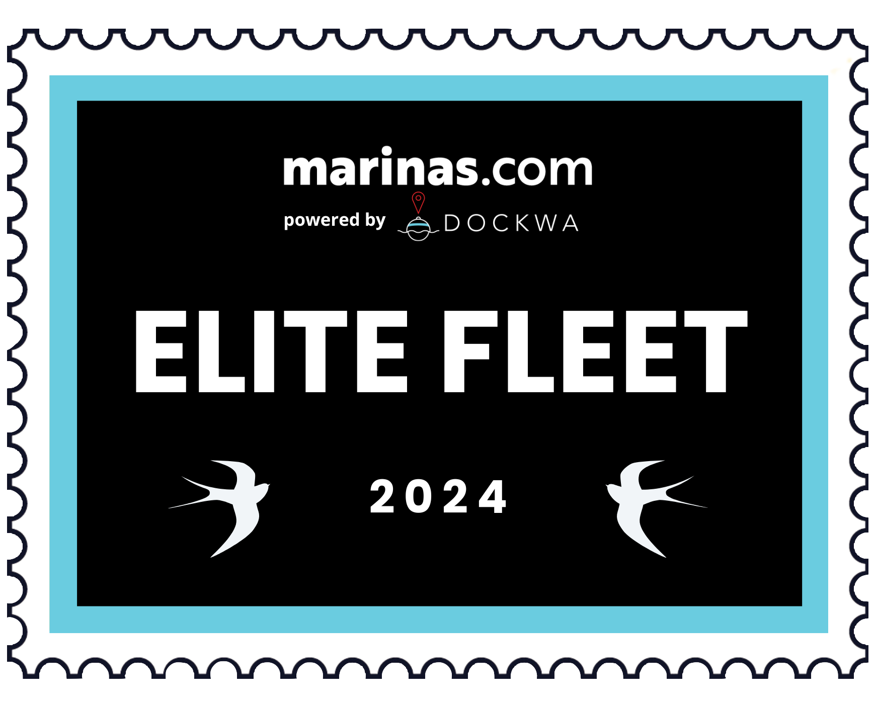 This image is an "Elite Fleet 2024" badge by marinas.com, powered by Dockwa, featuring a black background and bird silhouette designs. logo on footer section.